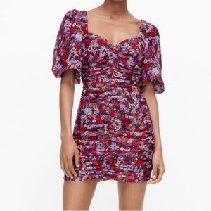 Zara floral mini dress with puff sleeves S